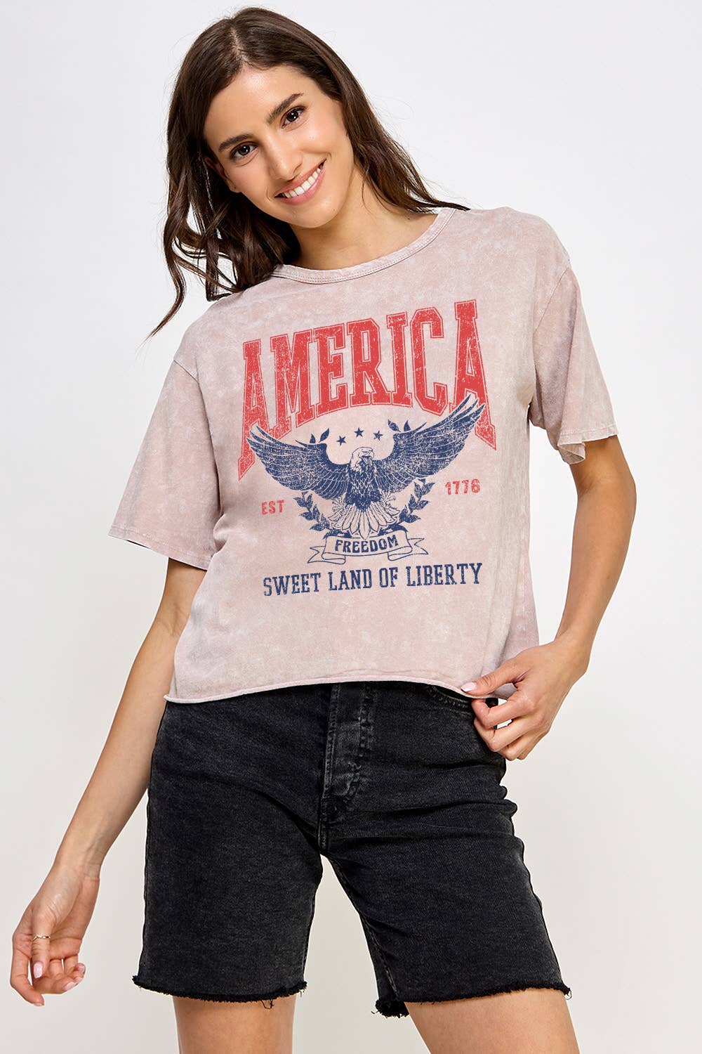 Women's America Sweet Land Of Liberty Mineral Washed T-Shirt: VINTAGE CHARCOAL