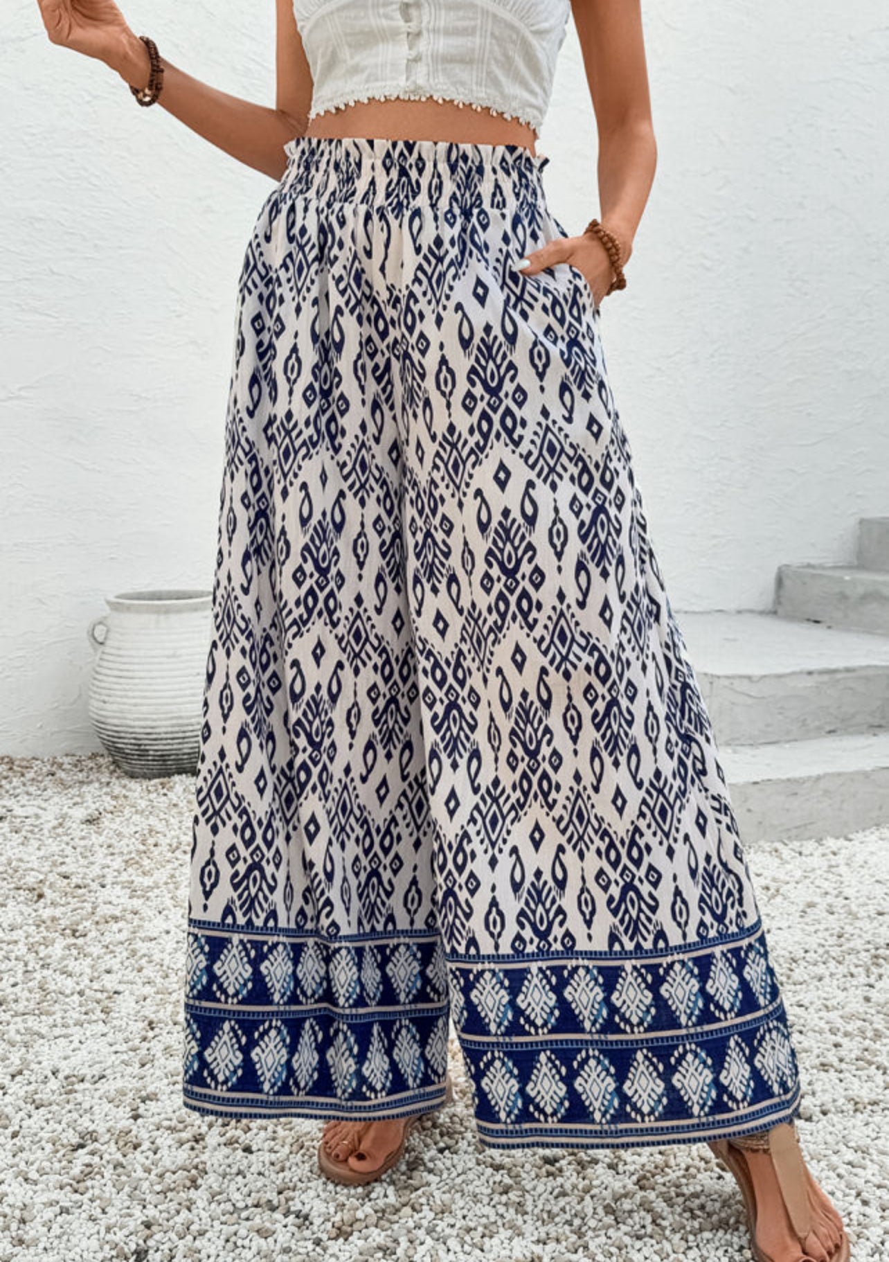 Women's Blue Ethnic Print Wide Leg Pants