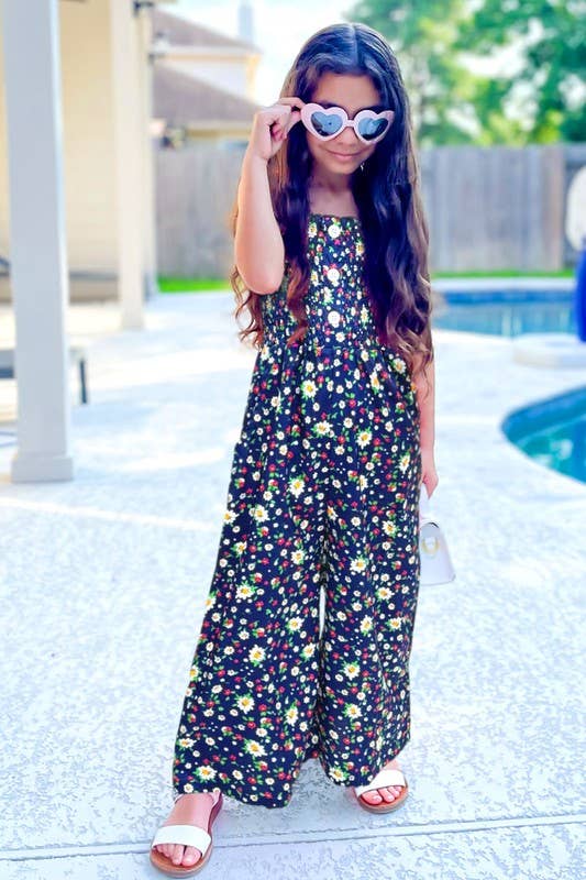 Girl's Romper w/ Smocking & Side Pockets : Dk Navy Small Floral