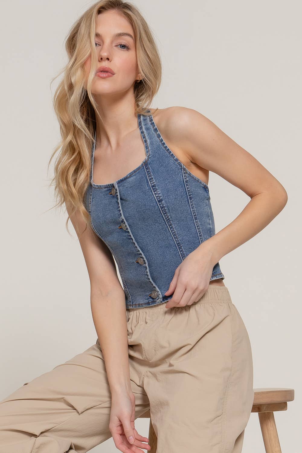 Women's Stretch Denim Vest: BLU-denim