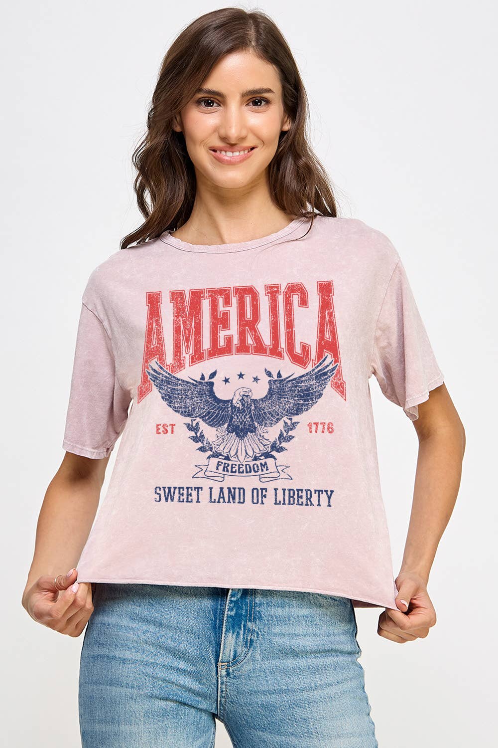 Women's America Sweet Land Of Liberty Mineral Washed T-Shirt: VINTAGE CHARCOAL