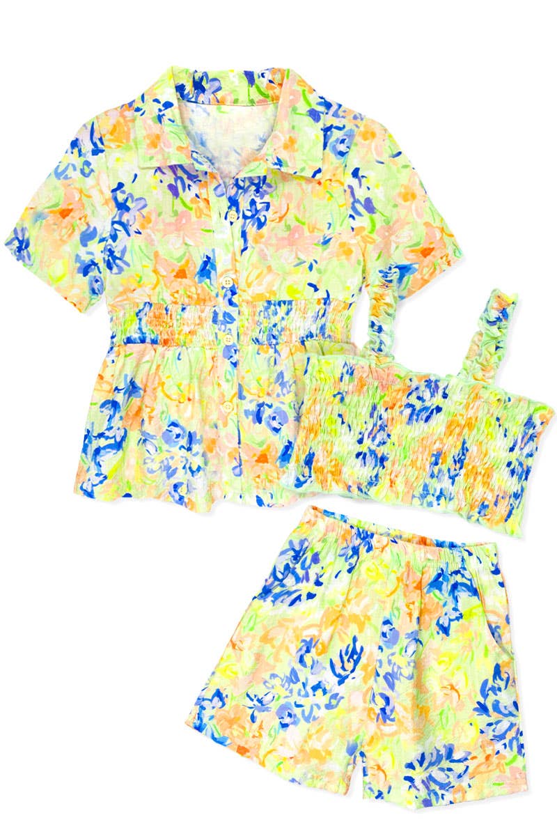 Toddler Girl 3pc Floral Short Set w/ Smocked Top: Coral