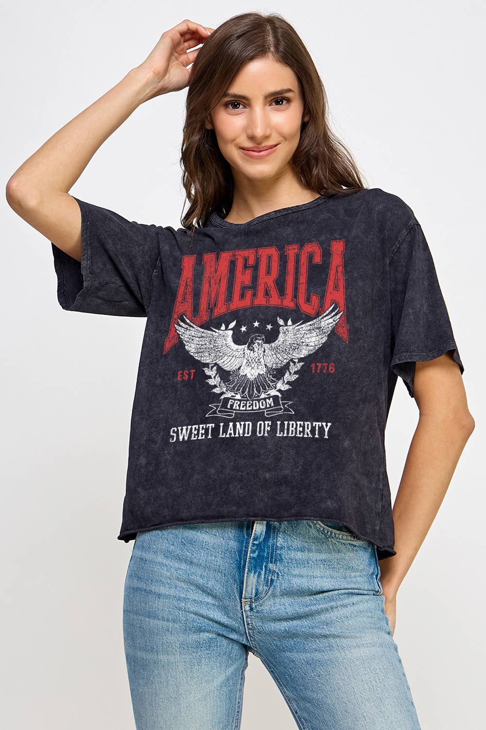 Women's America Sweet Land Of Liberty Mineral Washed T-Shirt: VINTAGE CHARCOAL