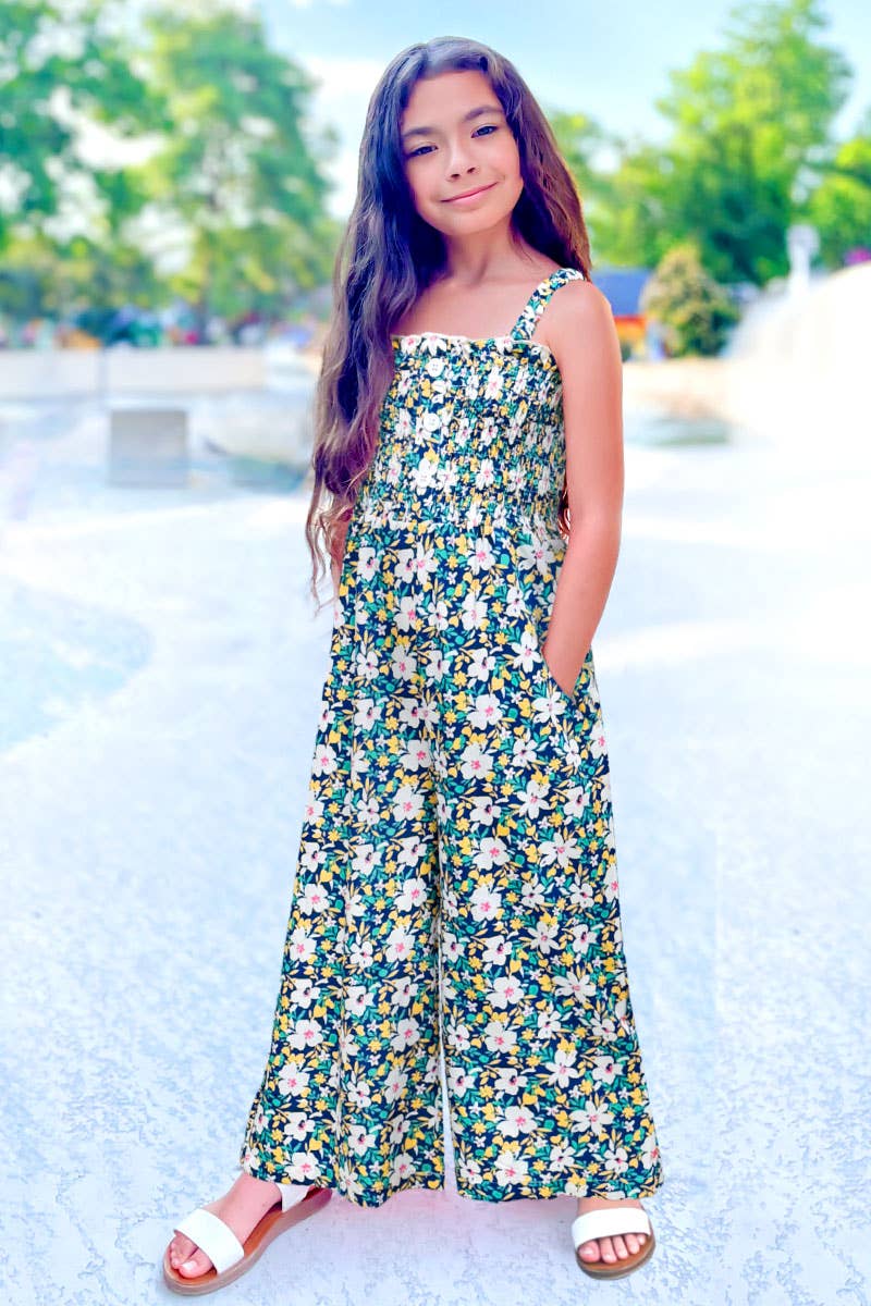 Toddler Girl Romper w/ Smocking & Side Pockets : Navy White Floral