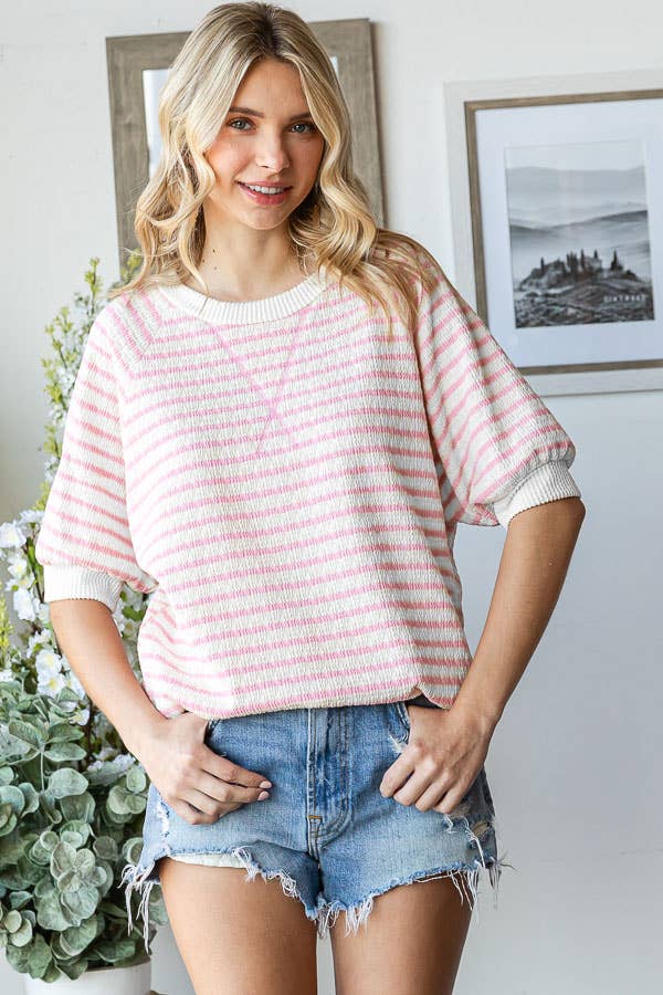 Women's Stripe Textured V-Seam Short Sleeve Top/ Navy