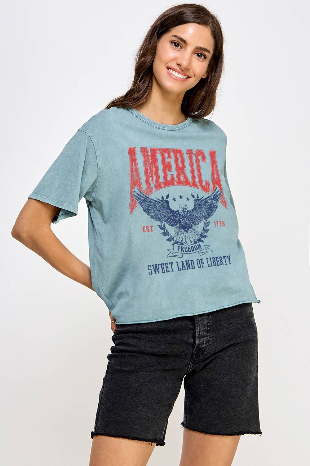 Women's America Sweet Land Of Liberty Mineral Washed T-Shirt: VINTAGE CHARCOAL