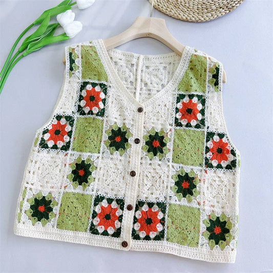 Women's Crochet Hollow Out Loose Contrast Vest: GREEN