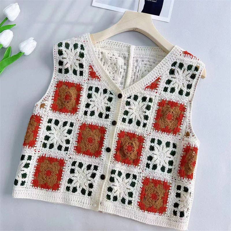 Women's Crochet Hollow Out Loose Contrast Vest: GREEN