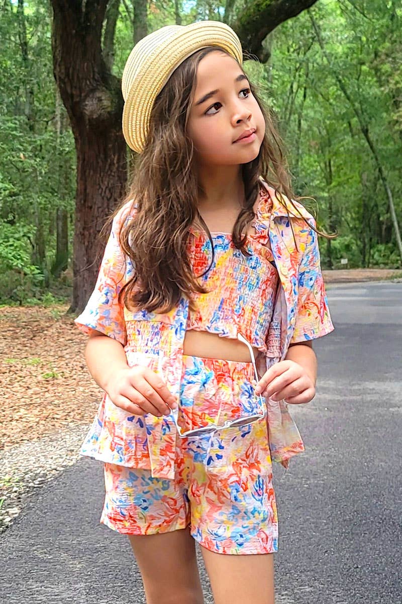Toddler Girl 3pc Floral Short Set w/ Smocked Top: Coral