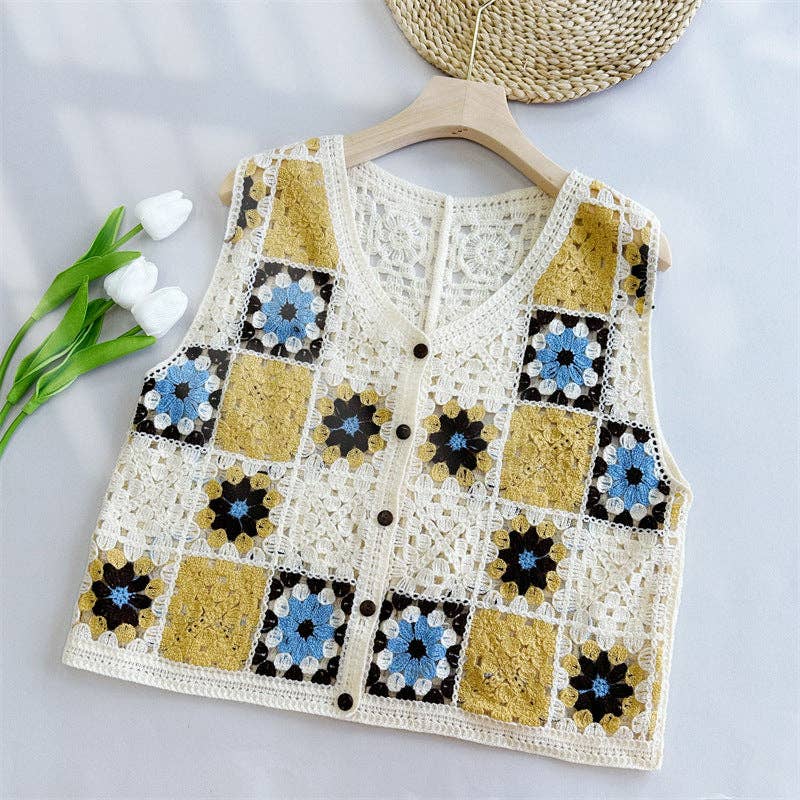 Women's Crochet Hollow Out Loose Contrast Vest: YELLOW