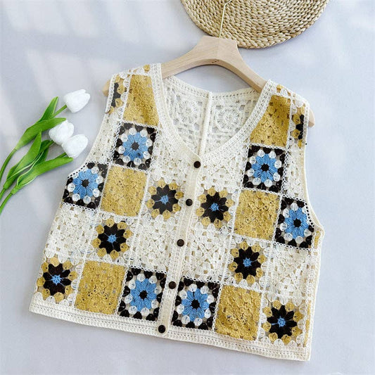 Women's Crochet Hollow Out Loose Contrast Vest: YELLOW