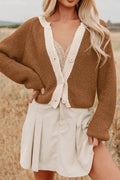 Women's Chestnut Contrast Color V Neckline Knit Cardigan