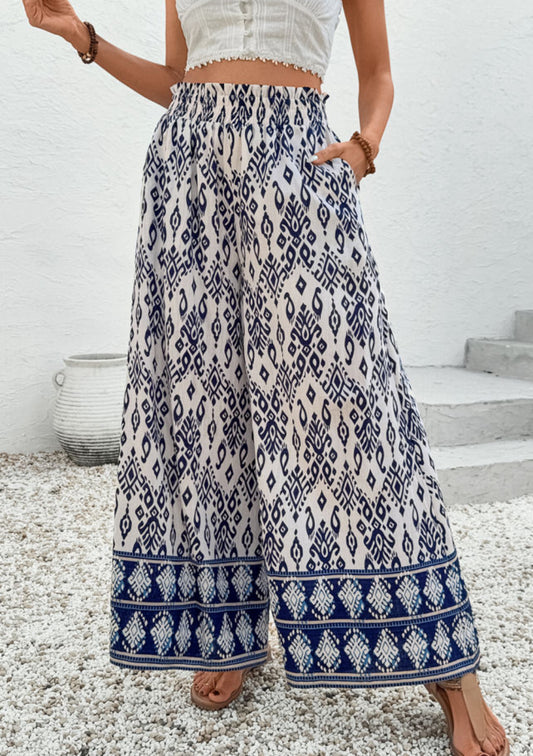 Blue Ethnic Print Wide Leg Pants