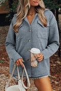 Women's Medium Grey Ribbed Knit Buttons Front Flap Pocket Casual Shacket