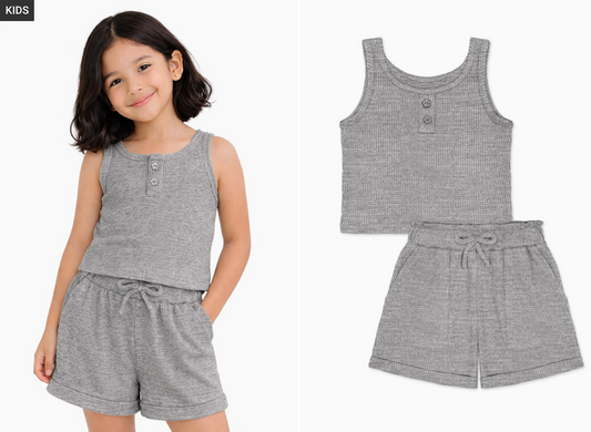 Toddler Girls 2 Pc Waffle Knit Short Set/ Grey