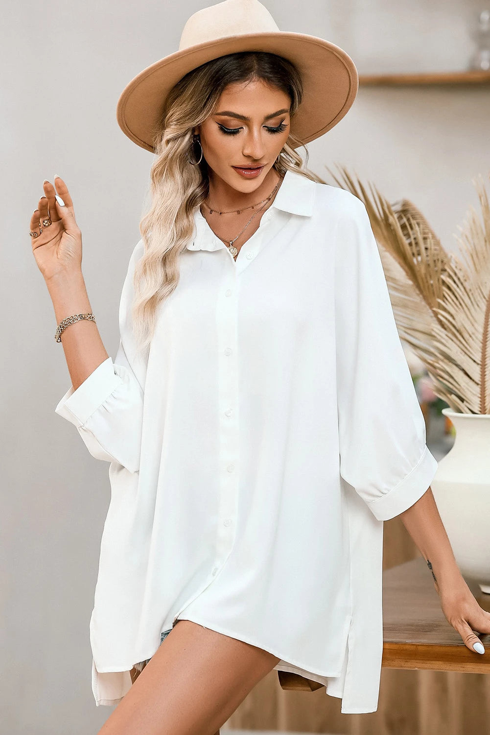 Women's White Plain 3/4 Batwing Sleeve Oversize Button Up Blouse