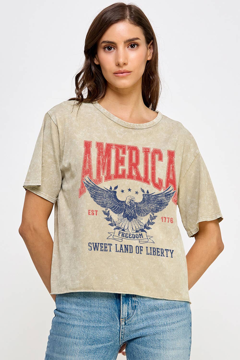 Women's America Sweet Land Of Liberty Mineral Washed T-Shirt: VINTAGE CHARCOAL