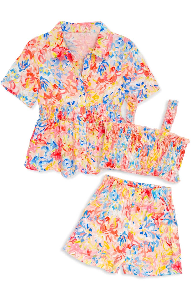 Toddler Girl 3pc Floral Short Set w/ Smocked Top: Coral
