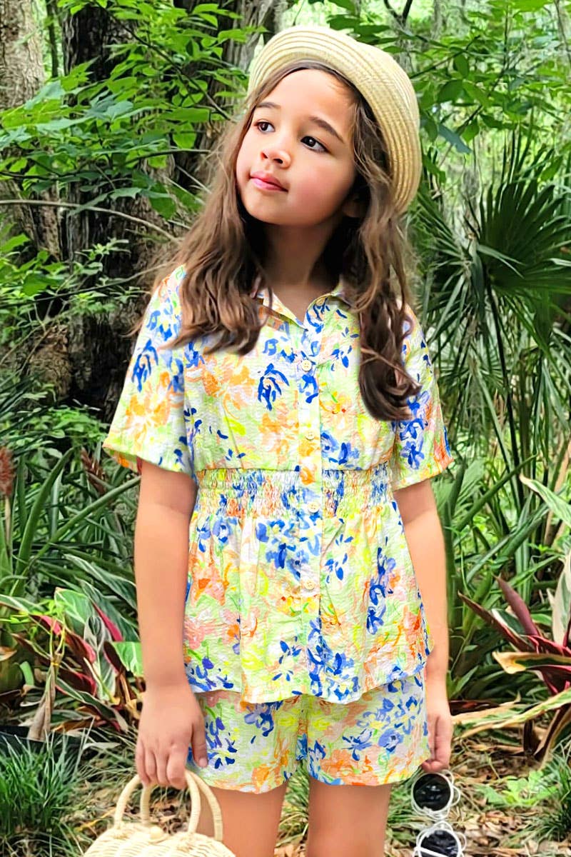 Girl's 3 pc Floral Short Set w/ Smocked Tank: Coral