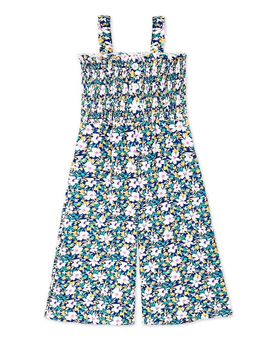 Toddler Girl Romper w/ Smocking & Side Pockets : Navy White Floral