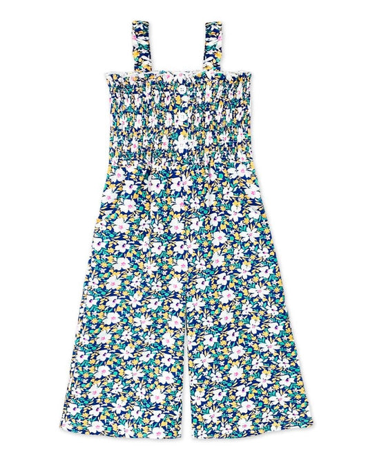 Toddler Girl Romper w/ Smocking & Side Pockets : Navy White Floral