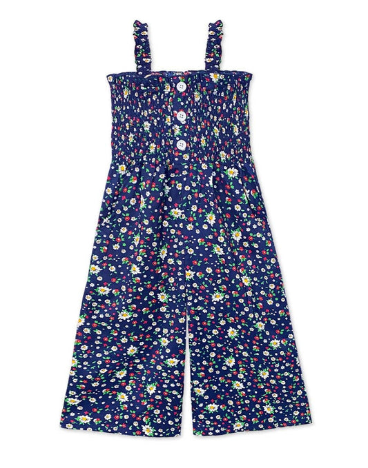 Girl's Romper w/ Smocking & Side Pockets : Dk Navy Small Floral