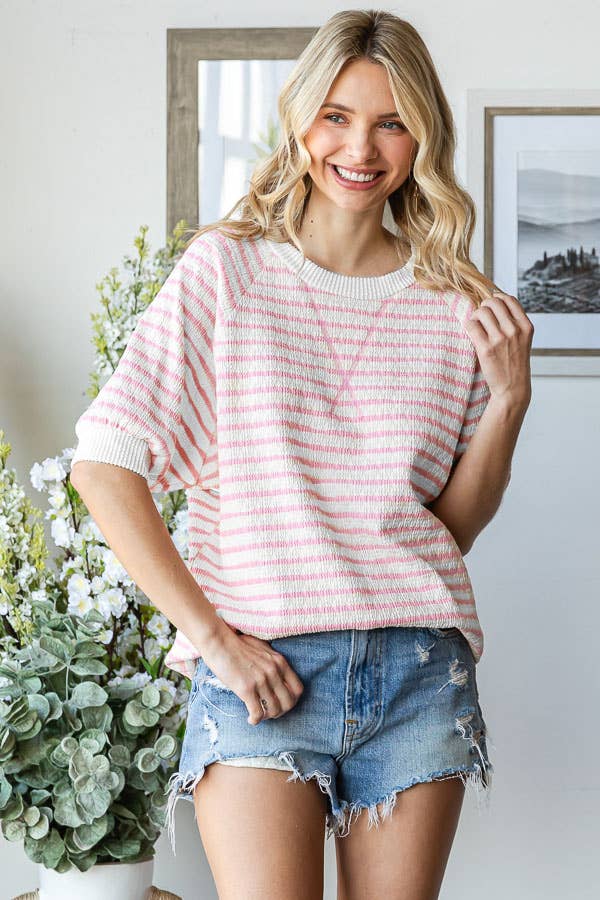 Women's Stripe Textured V-Seam Short Sleeve Top/ Navy
