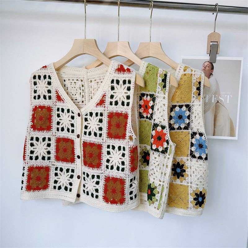 Women's Crochet Hollow Out Loose Contrast Vest: GREEN