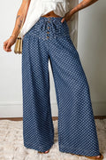 Women's Sky Blue Polka Dot Print Button Pleated Detail Wide Leg Jeans