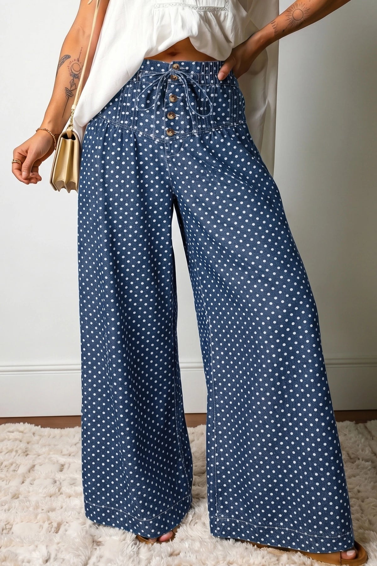 Women's Sky Blue Polka Dot Print Button Pleated Detail Wide Leg Jeans