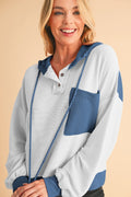 Women's White Corded Patch Pocket Drawstring Henley Long Sleeve Top