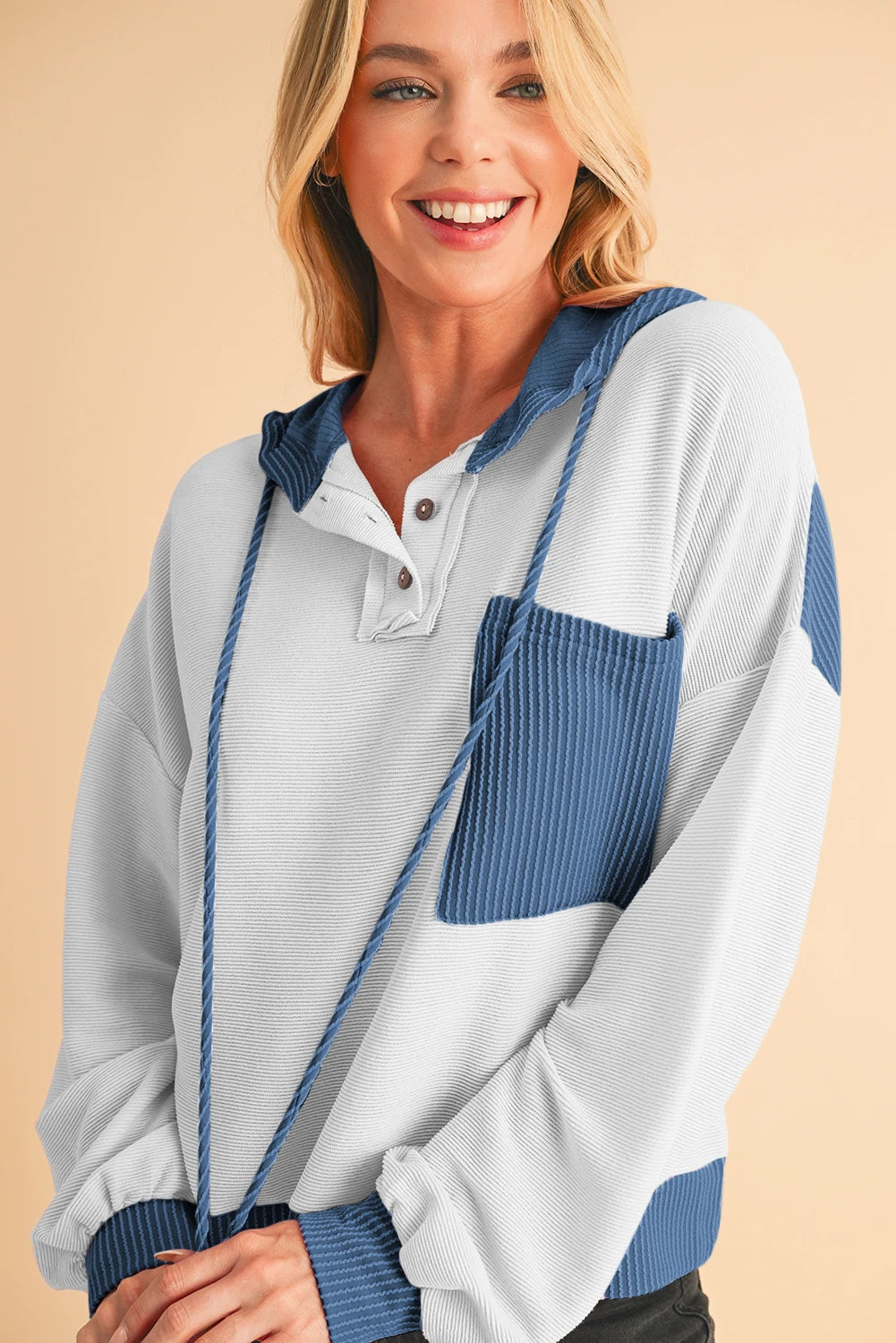 Women's White Corded Patch Pocket Drawstring Henley Long Sleeve Top